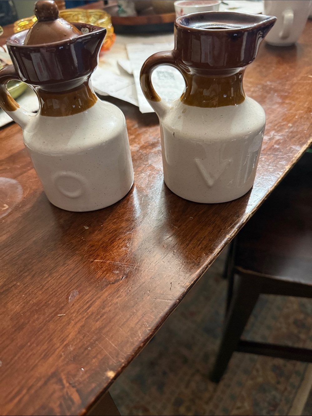 Two-Tone Brown and Cream Ceramic Oil & Vinegar Cruet Set 1970s